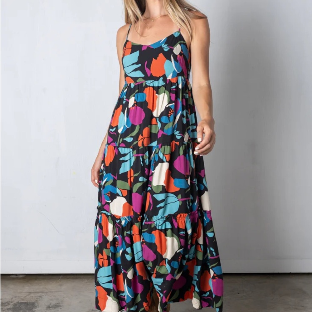 Women's Black Multi-Color Abstract Print Maxi Dress